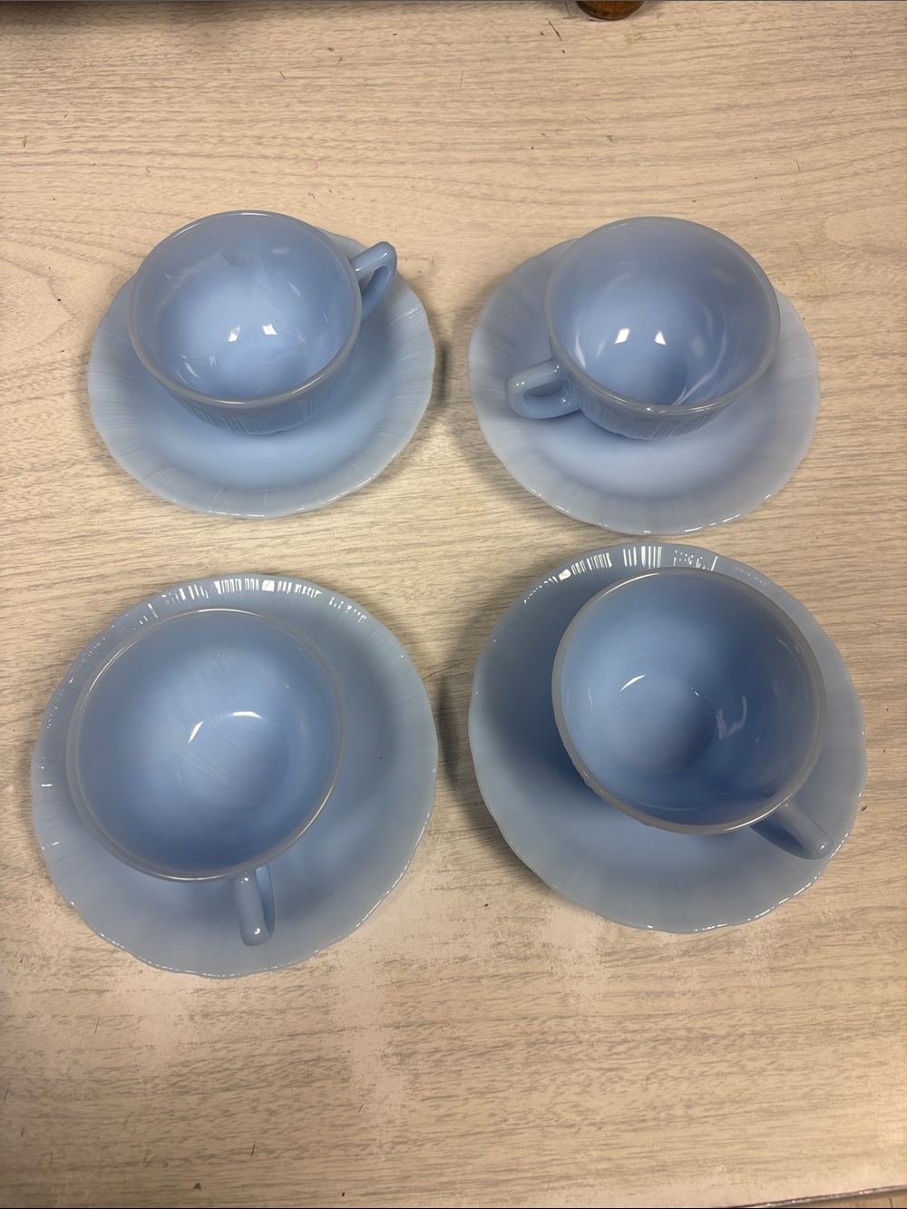 Delphite Blue Pyrex Teacups with Saucers - set of 4